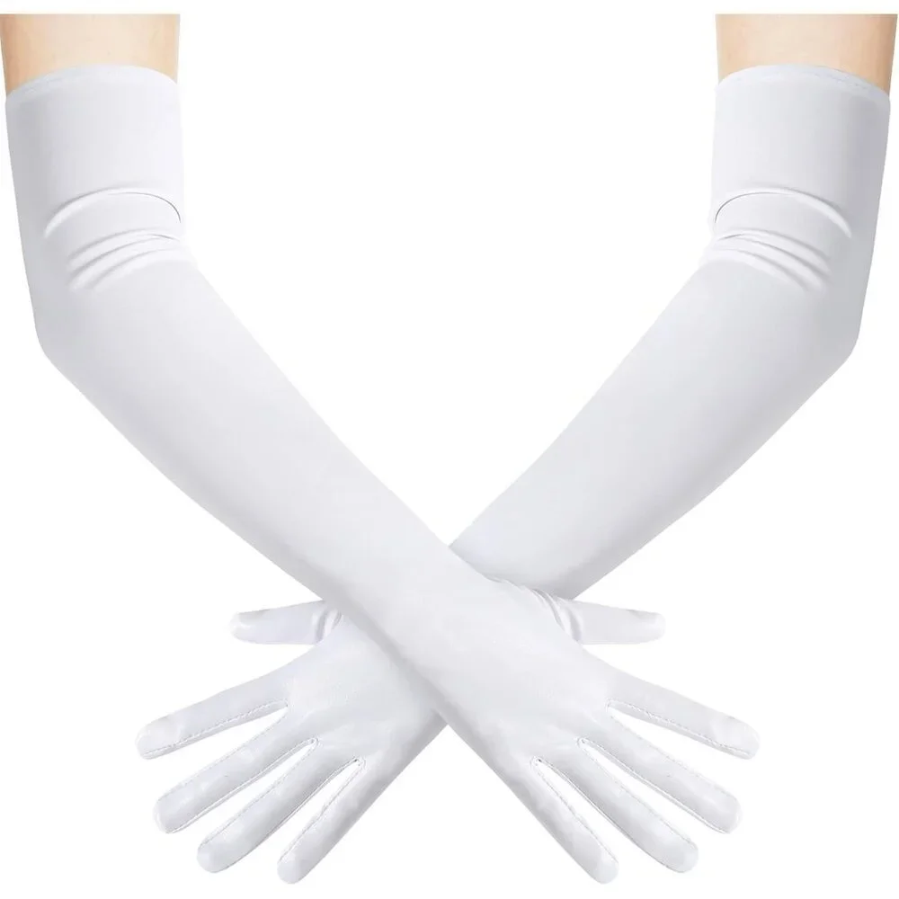 Women's Shiny White Metallic Wet Look Gloves Elbow Length Halloween Costumes